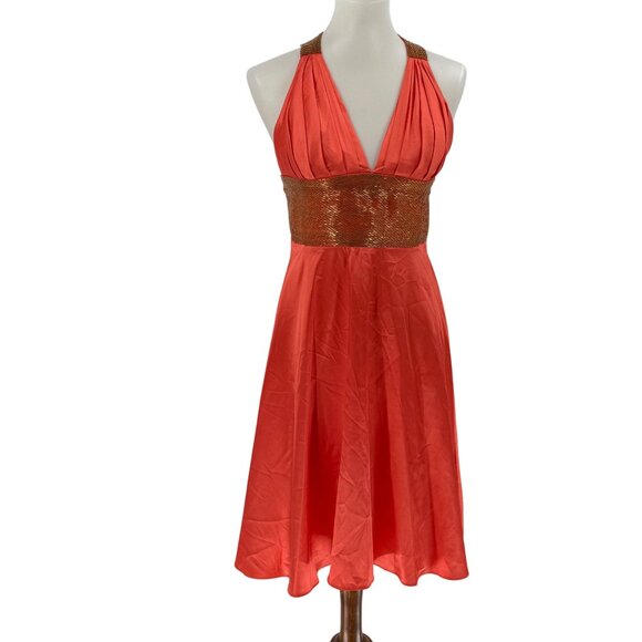 Dave & Johnny By Laura Ryner Coral Halter Dress S Polyester & Spandex V-Neck Bea - Picture 1 of 9